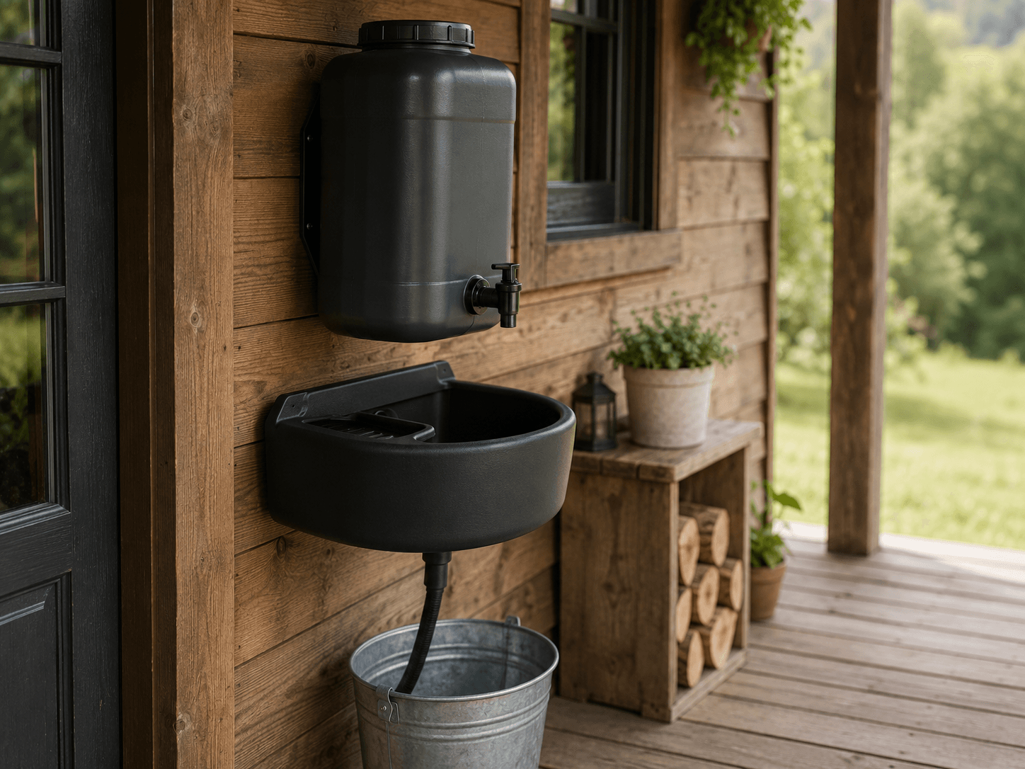 Pi-Pi-Gartenwaschbecken mit externer Wasserquelle und Ablaufschlauch am Gartenhaus