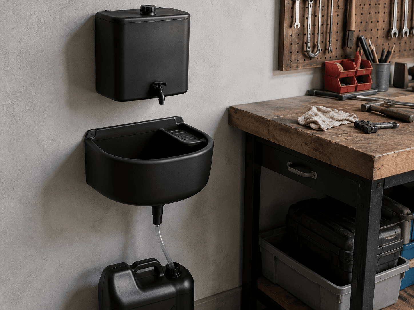 Pi-Pi-Waschbecken mit externer Wasserquelle und Kanister in einer Werkstatt