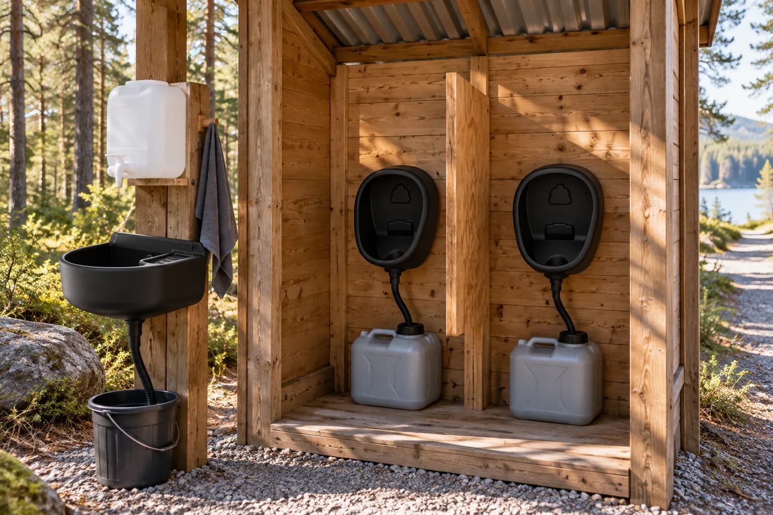 Vaschetta orinatoio e lavandino da esterno per campeggi, eco-glamping e strutture ricettive temporanee